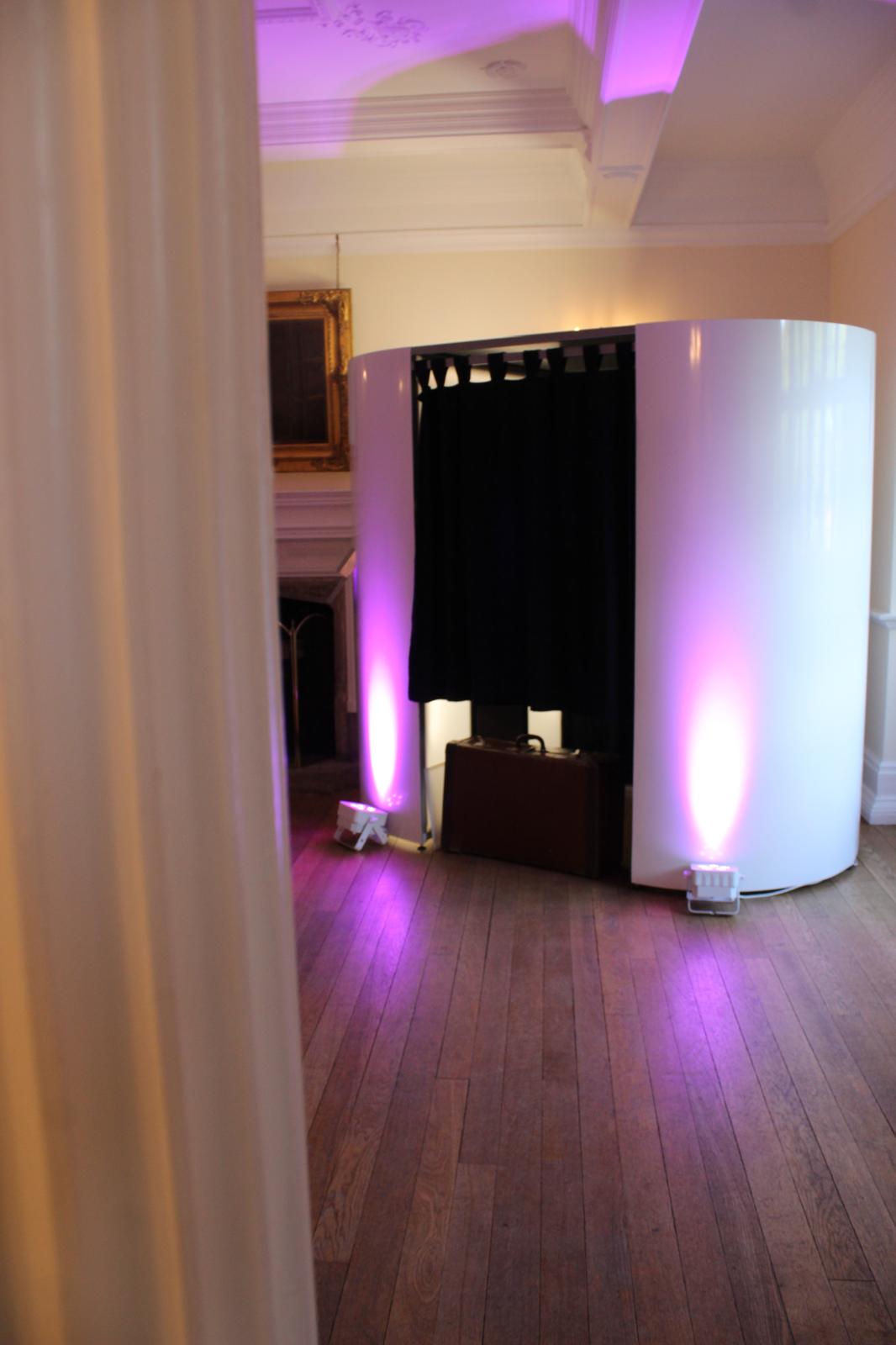 The full White Gloss Booth set up inside a wedding venue